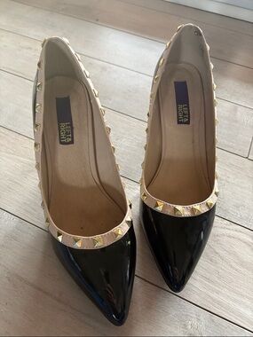Black Patent Pointed Toe Studded Pumps with Nude Trim
